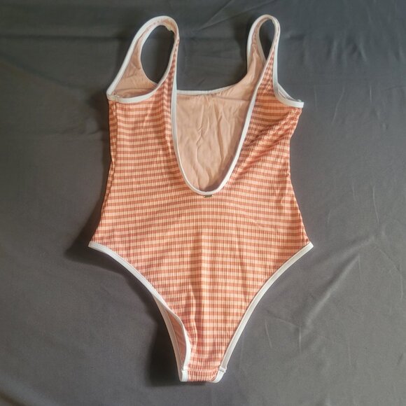 Rip Curl Swimsuit Womens M Brown Stripe Scoop Neck Open Back Beach Travel - Picture 9 of 11